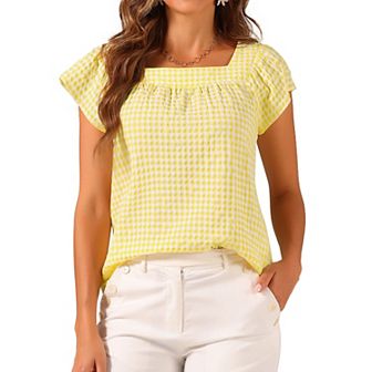 Summer Square Neck Gingham Tops For Women Sleeveless Blouses