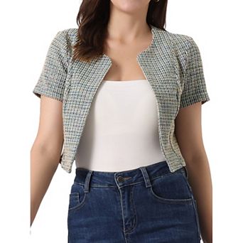 Tweed Cardigan For Women Open Front Short Sleeve Crop Outwear