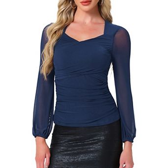 Ruched Mesh Blouse For Women V Neck Long Sleeve Slim Fit Dressy Casual Wrap Tops