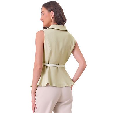 Office Blazer Vest For Women's Lapel Collar Button Down Belted Sleeveless Jacket