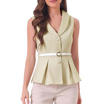 Office Blazer Vest For Women's Lapel Collar Button Down Belted Sleeveless Jacket