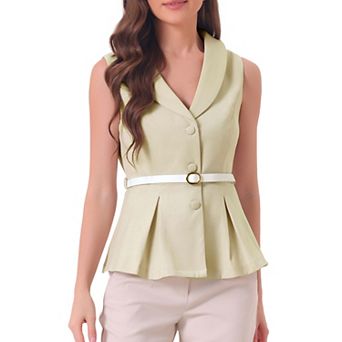 Office Blazer Vest For Women's Lapel Collar Button Down Belted Sleeveless Jacket
