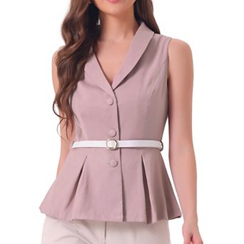 Office Blazer Vest For Women's Lapel Collar Button Down Belted Sleeveless Jacket