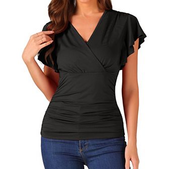 Faux Wrap Blouse for Women Summer V-Neck Ruffle Sleeve Casual Top Blouse