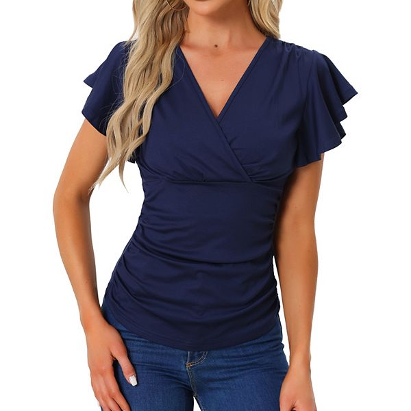 Faux Wrap Blouse For Women Summer V-neck Ruffle Sleeve Casual Top Blouse