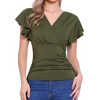 Faux Wrap Blouse for Women Summer V-Neck Ruffle Sleeve Casual Top Blouse