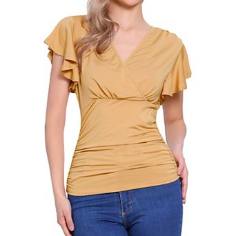 Faux Wrap Blouse for Women Summer V-Neck Ruffle Sleeve Casual Top Blouse
