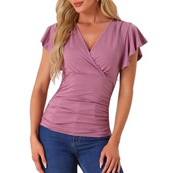 Faux Wrap Blouse For Women Summer V-neck Ruffle Sleeve Casual Top Blouse
