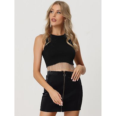 Party Crop Tank Tops For Women Rhinestone Fringe Pullover Round Neck Sleeveless Crop Top