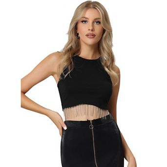 Party Crop Tank Tops For Women Rhinestone Fringe Pullover Round Neck Sleeveless Crop Top
