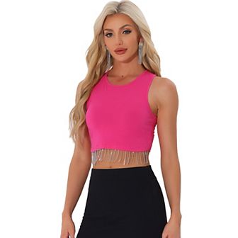 Party Crop Tank Tops For Women Rhinestone Fringe Pullover Round Neck Sleeveless Crop Top