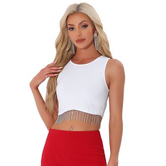 Party Crop Tank Tops For Women Rhinestone Fringe Pullover Round Neck Sleeveless Crop Top