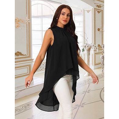 Women's Casual Tie Back Asymmetrical High Low Sleeveless Mock Neck Flowy Blouse Tops