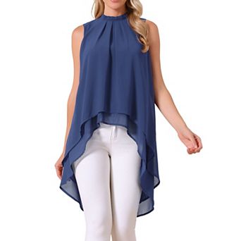 Women's Casual Tie Back Asymmetrical High Low Sleeveless Mock Neck Flowy Blouse Tops