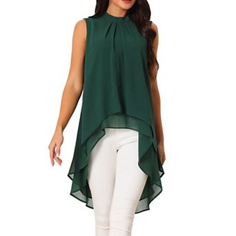 Women's Casual Tie Back Asymmetrical High Low Sleeveless Mock Neck Flowy Blouse Tops