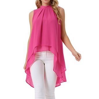Women's Casual Tie Back Asymmetrical High Low Sleeveless Mock Neck Flowy Blouse Tops