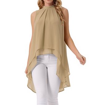 Women's Casual Tie Back Asymmetrical High Low Sleeveless Mock Neck Flowy Blouse Tops
