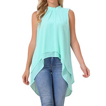 Women's Casual Tie Back Asymmetrical High Low Sleeveless Mock Neck Flowy Blouse Tops