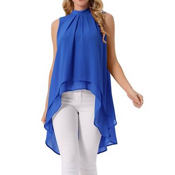 Women's Casual Tie Back Asymmetrical High Low Sleeveless Mock Neck Flowy Blouse Tops