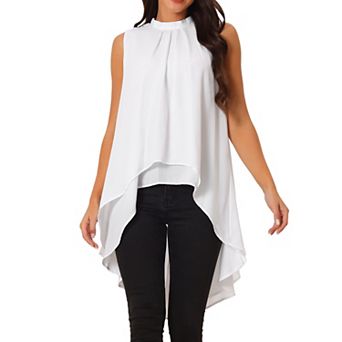 Women's Casual Tie Back Asymmetrical High Low Sleeveless Mock Neck Flowy Blouse Tops