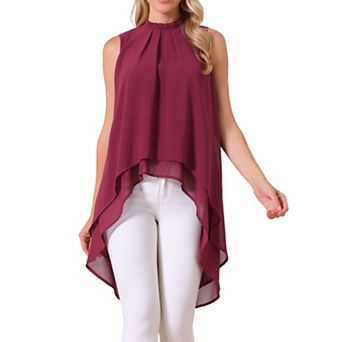Women's Casual Tie Back Asymmetrical High Low Sleeveless Mock Neck Flowy Blouse Tops