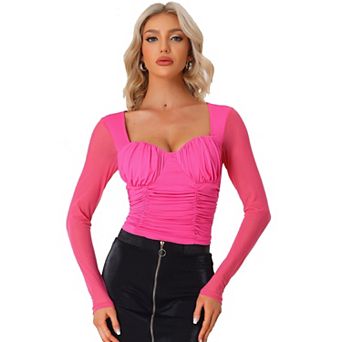 Long Sleeve Mesh Tops For Women Sweetheart Neck Fall Trendy Ruched Blouse With Padded Bust