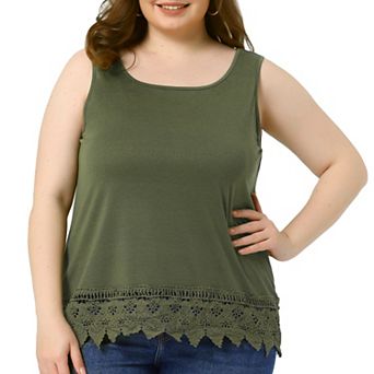 Plus Size Tank Tops For Women Round Neck Swing Lace Panel Flowy Tops