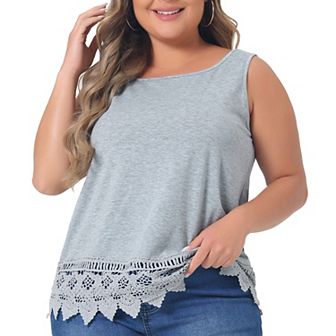 Plus Size Tank Tops For Women Round Neck Swing Lace Panel Flowy Tops