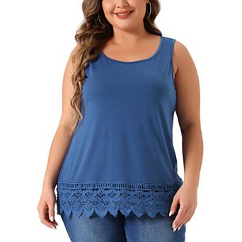 Plus Size Tank Tops For Women Round Neck Swing Lace Panel Flowy Tops
