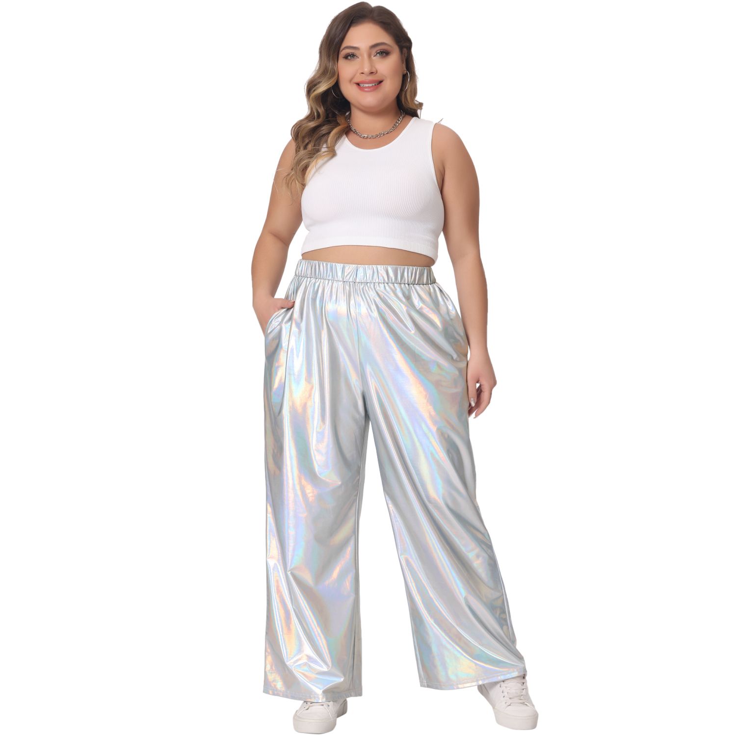 Women's Shiny Metallic High Waist Jogger Pants - Holographic Wet Look Sweatpants, Stretchy, Elastic Waist, For Club & Casual Wear