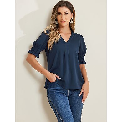 Bubble Sleeve Blouse For Women V Neck Short Sleeve Blouse