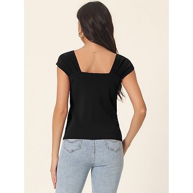 Women's Summer Square Neck Ribbed Knit Tops Buttons Decor Sleeveless Casual Pullover Tops