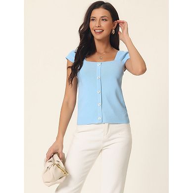 Women's Summer Square Neck Ribbed Knit Tops Buttons Decor Sleeveless ...