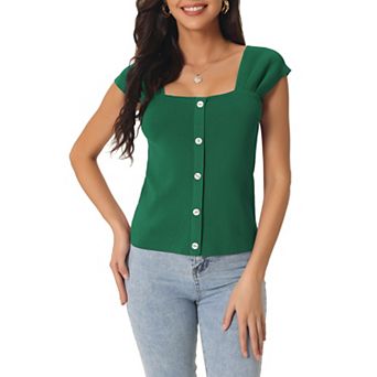 Women's Summer Square Neck Ribbed Knit Tops Buttons Decor Sleeveless Casual Pullover Tops