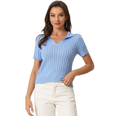 Women s V Neck Short Sleeve Cable Knit Crop Top Pullover Sweater