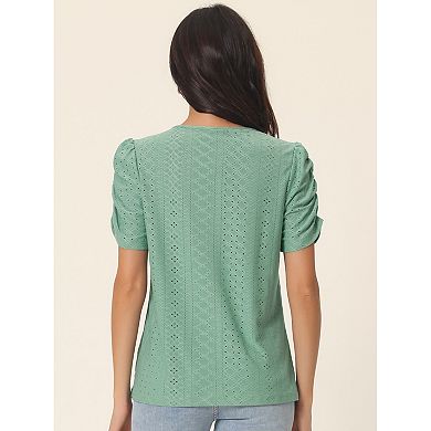 Women's Ruched Short Sleeve Eyelet Tops Dressy Casual Crewneck Blouses Summer T Shirts