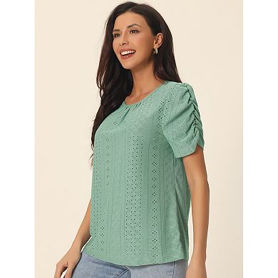Women's Ruched Short Sleeve Eyelet Tops Dressy Casual Crewneck Blouses Summer T Shirts
