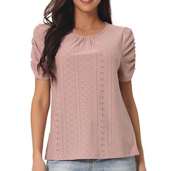 Women's Ruched Short Sleeve Eyelet Tops Dressy Casual Crewneck Blouses Summer T Shirts