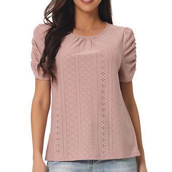 Women's Ruched Short Sleeve Eyelet Tops Dressy Casual Crewneck Blouses Summer T Shirts