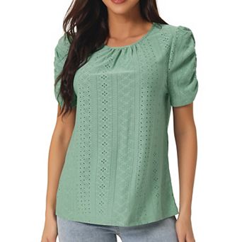 Women's Ruched Short Sleeve Eyelet Tops Dressy Casual Crewneck Blouses Summer T Shirts
