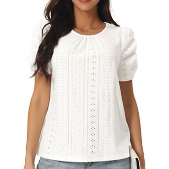 Women's Ruched Short Sleeve Eyelet Tops Dressy Casual Crewneck Blouses Summer T Shirts