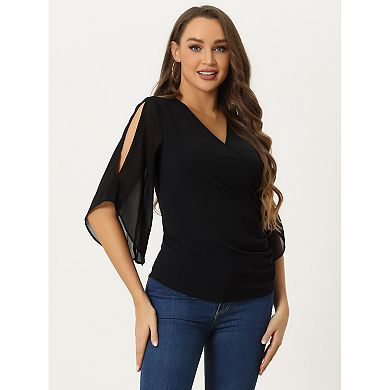 Wrap Front Blouse For Women Elegant Ruched Side Chiffon Slit Sleeve Top