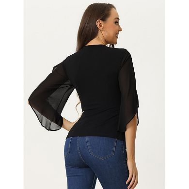 Wrap Front Blouse For Women Elegant Ruched Side Chiffon Slit Sleeve Top