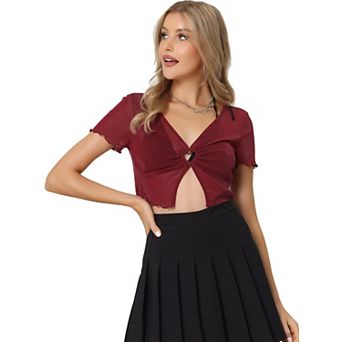 Cutout Party Tops For Women V-neck Mesh Sheer Shimmer Crop Tops