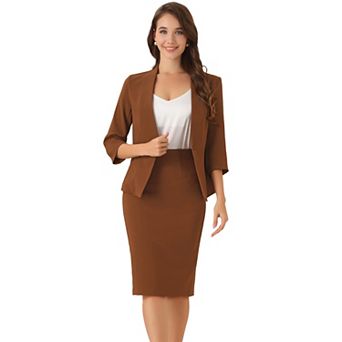 Business Skirt Suit Set for Women's 2 pc Office Work Outfit Collarless Blazer Pencil Skirt
