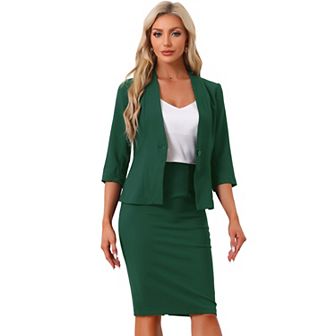 Business Skirt Suit Set For Women's 2 pc Office Work Outfit Collarless Blazer Pencil Skirt