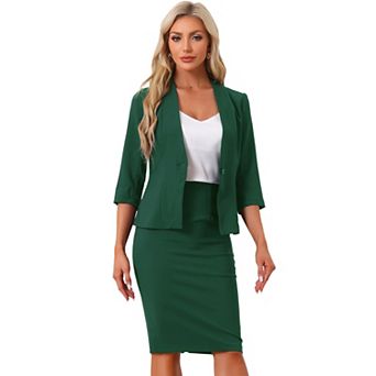 Business Skirt Suit Set for Women's 2 pc Office Work Outfit Collarless Blazer Pencil Skirt