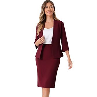 Business Skirt Suit Set For Women's 2 pc Office Work Outfit Collarless Blazer Pencil Skirt