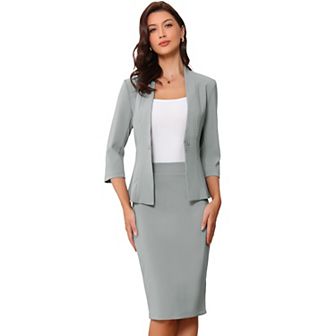 Business Skirt Suit Set For Women's 2 pc Office Work Outfit Collarless Blazer Pencil Skirt