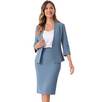 Business Skirt Suit Set for Women's 2 pc Office Work Outfit Collarless Blazer Pencil Skirt